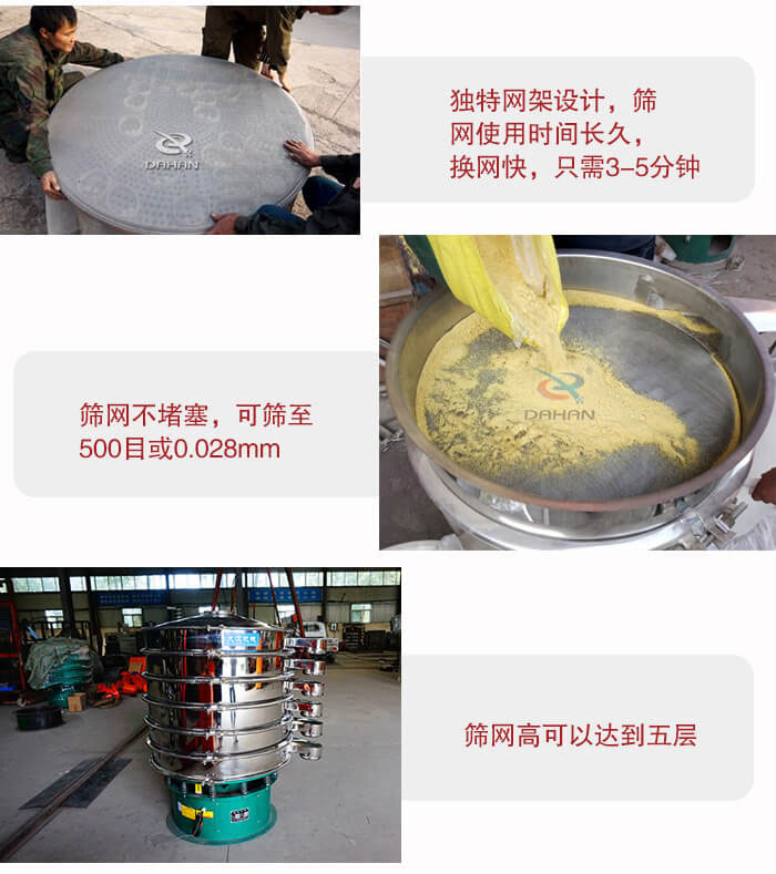三次元振動篩的特點：篩網(wǎng)使用時間長換讓時間短，篩網(wǎng)不堵塞，可篩至500目或0.028mm。