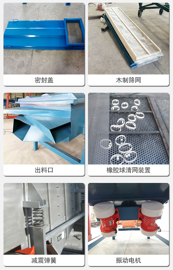 直線篩結(jié)構(gòu)展示：篩網(wǎng)，篩箱，振動(dòng)電機(jī)，振動(dòng)電機(jī)座，減震彈簧，支架等部件展示圖