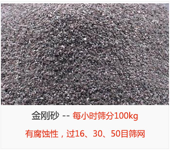 篩分金剛砂每小時100kg，有腐蝕性，過16、30、50目篩網(wǎng)