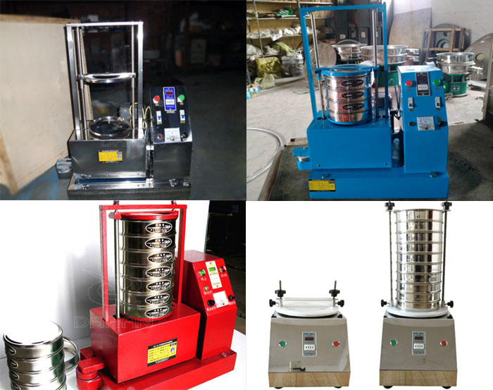 三種不同類型的試驗(yàn)篩，區(qū)別控制臺(tái)在下部或在右側(cè)。材質(zhì)為不銹鋼和碳鋼兩種，碳鋼材質(zhì)做了噴漆有：紅色和藍(lán)色兩種。