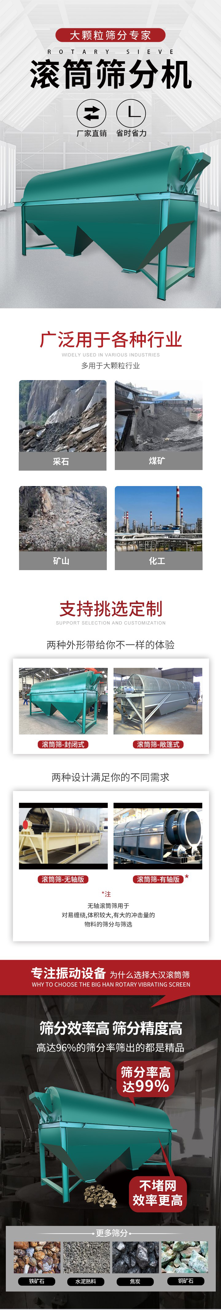 滾筒篩分機(jī)大顆粒篩分專家：廠家直銷，省時(shí)省力。滾筒篩被廣泛應(yīng)用各種行業(yè)：多用于大顆粒行業(yè)例如：采石，煤礦，礦山，化工等。滾筒篩定制類型有哪些：封閉式與敞篷式產(chǎn)品結(jié)構(gòu)分為：無(wú)軸式，有軸式兩種，無(wú)軸滾筒篩用于對(duì)纏繞，體積較大，有大的沖擊量的物料的篩分與篩選。滾筒篩篩分效率高篩分精度能夠達(dá)到：96%也比較適用于鐵礦石，水泥熟料，焦炭，銅礦石。滾筒篩特點(diǎn)：不飛粉末：密封隔離罩，密封性好，工作過(guò)程不會(huì)出現(xiàn)飛粉現(xiàn)象。外型尺寸是按筒體長(zhǎng)計(jì)