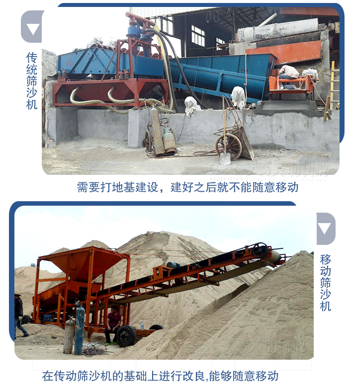 移動的篩沙機(jī)在安裝前需要打地基，而固定完畢后就不能隨意的移動，而移動篩沙機(jī)不需要打地并且隨時能夠進(jìn)行移動。