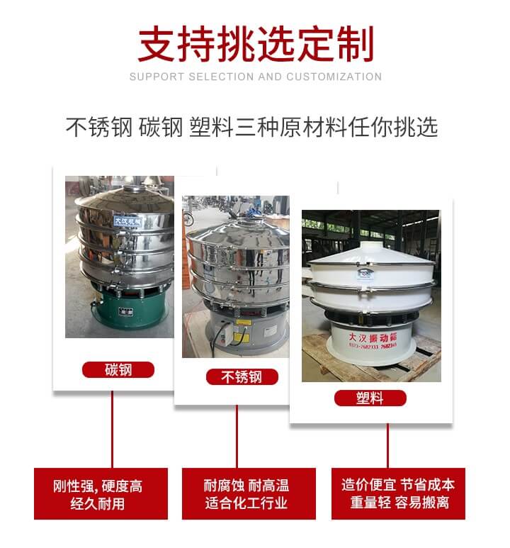 旋振篩可配置一到四層的篩網(wǎng)。旋振篩的篩分效率高，篩分精度高，篩分率高達(dá)96%。